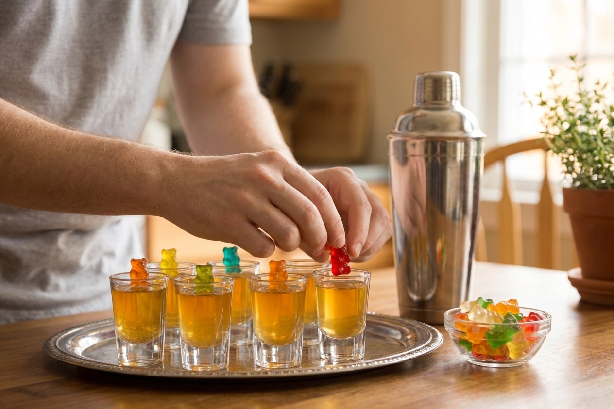 A small party table setting with a plate of gummy bears and a tray of chilled gummy bear shooters ready to serve