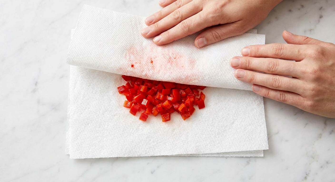 A small pile of diced pimentos pressed dry between folded paper towels on a kitchen counter