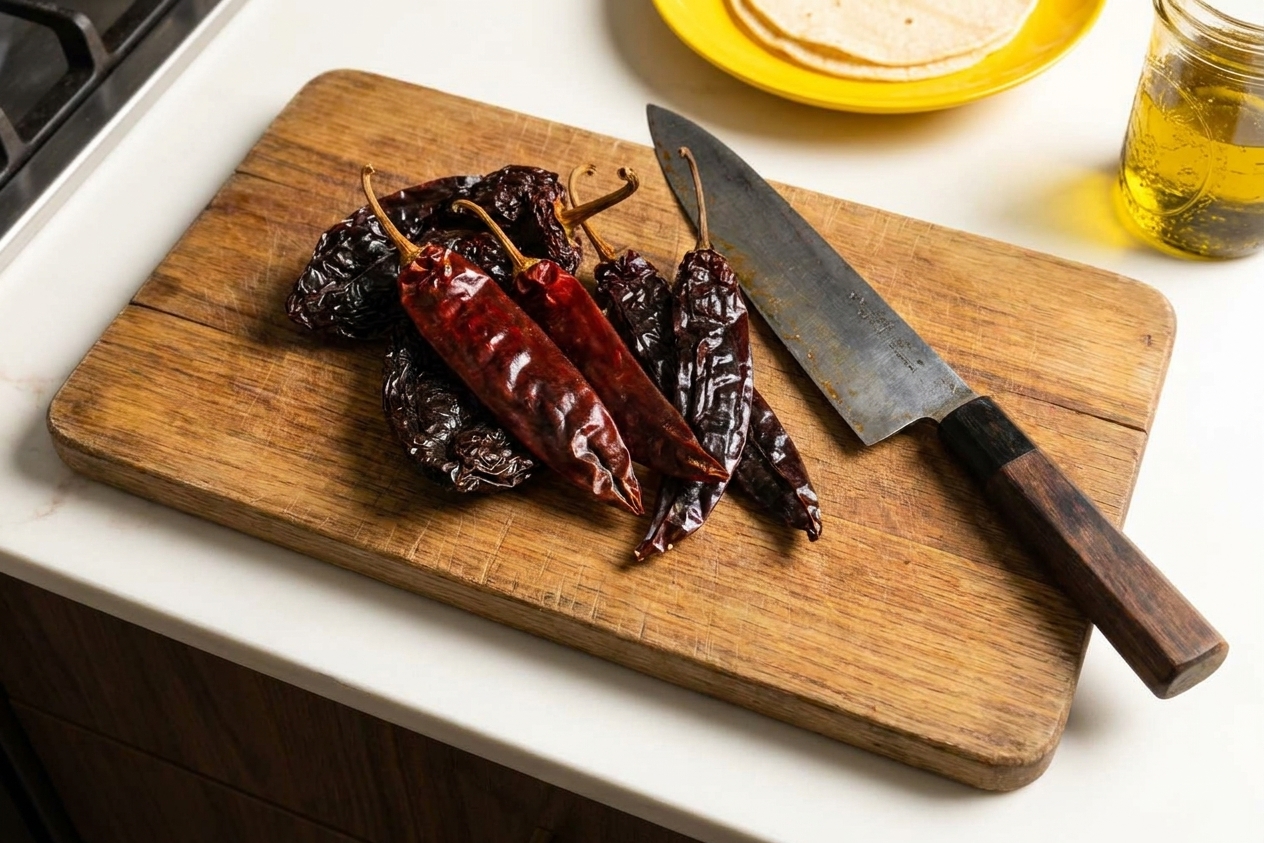 A small pile of dried ancho, guajillo, and pasilla chiles on a cutting board next to a knife on a kitchen counter in warm light