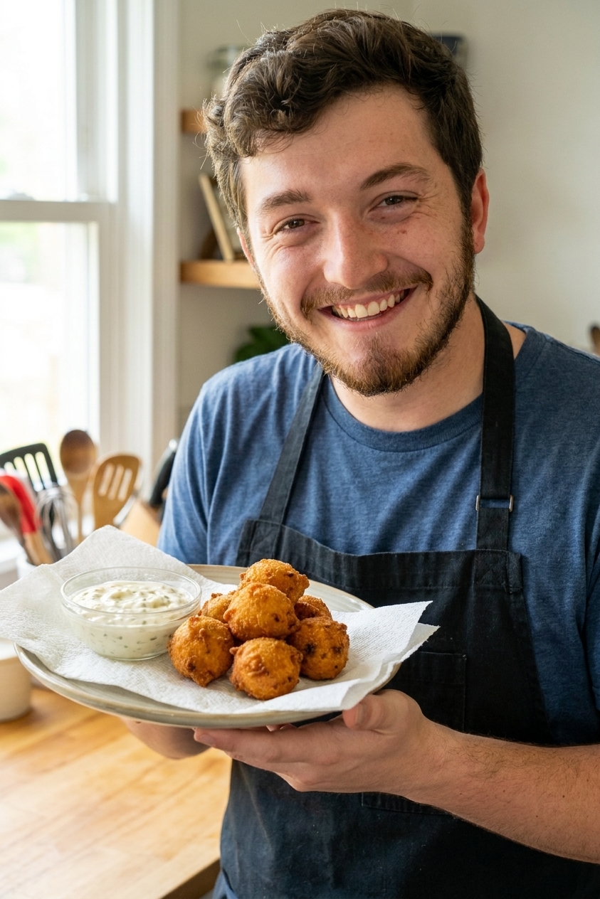 A small pile of freshly fried hush puppies on a paper towel lined plate with a small bowl of dipping sauce on the side