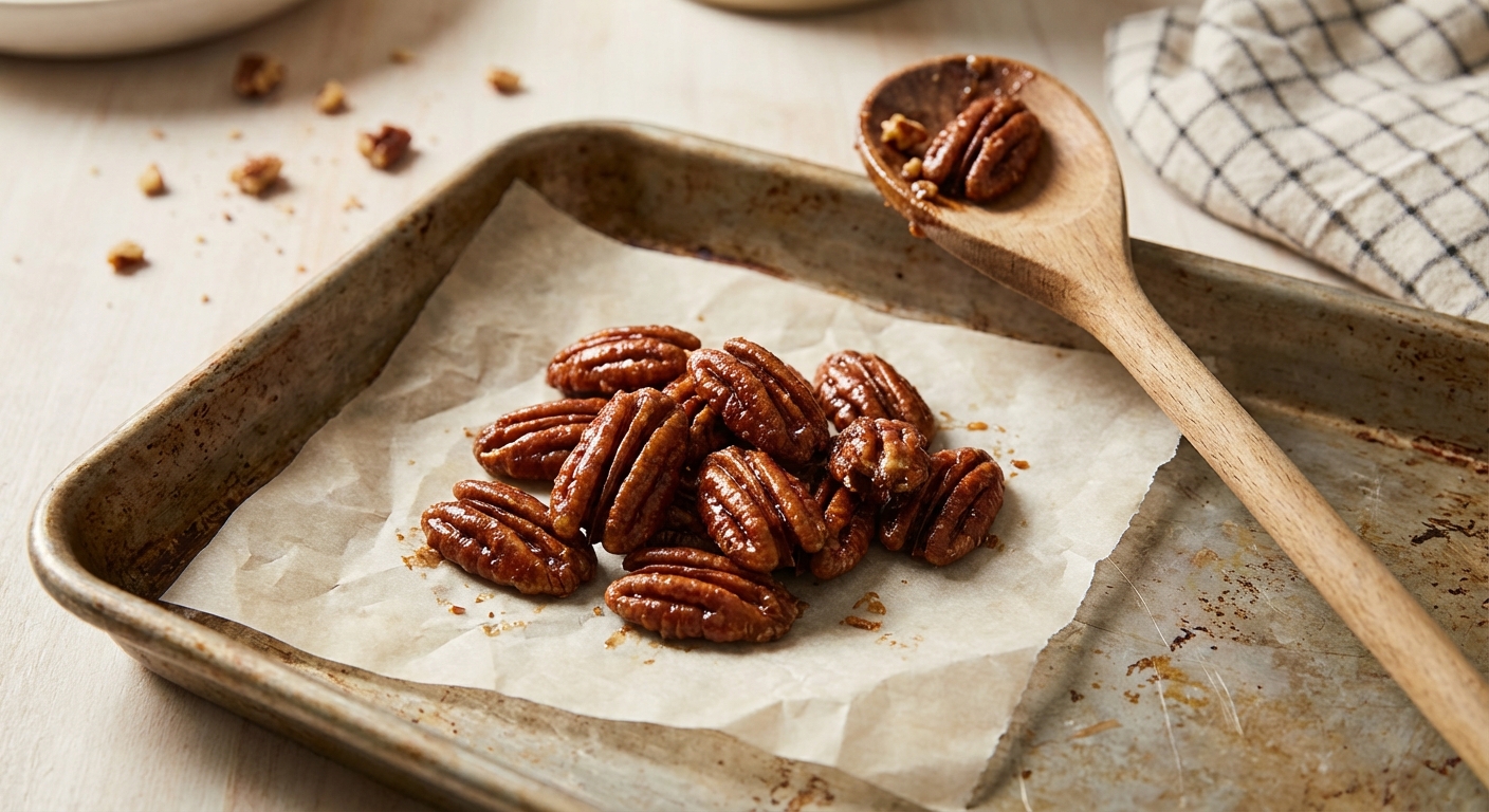 A small pile of glossy candied pecans cooling on parchment paper on a baking sheet, with a wooden spoon nearby and warm kitchen lighting, photorealistic food photography