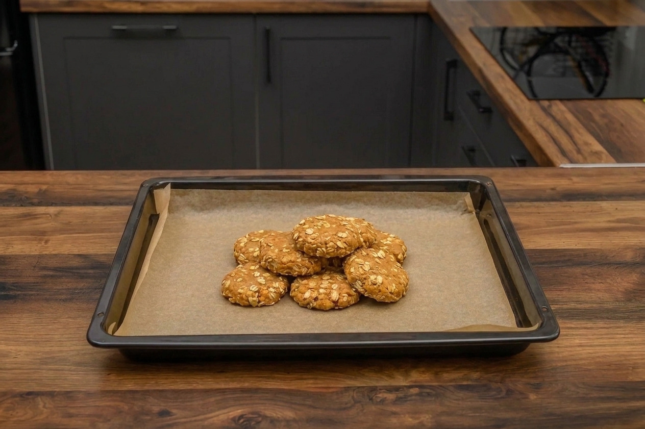 A small pile of golden brown pumpkin oat dog treats on a parchment-lined baking sheet on a bright kitchen counter