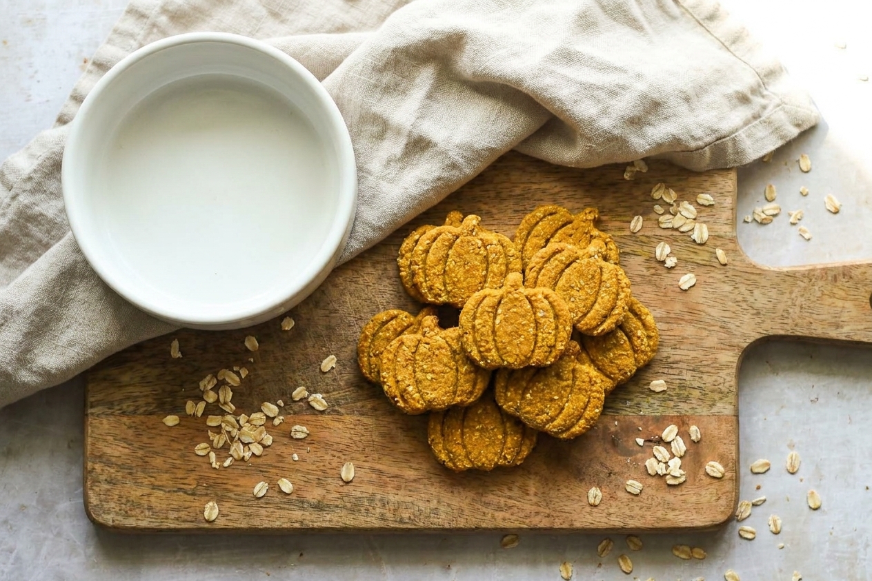 A small pile of pumpkin-shaped homemade dog treats on a wooden board with a neutral linen towel and a simple ceramic bowl nearby