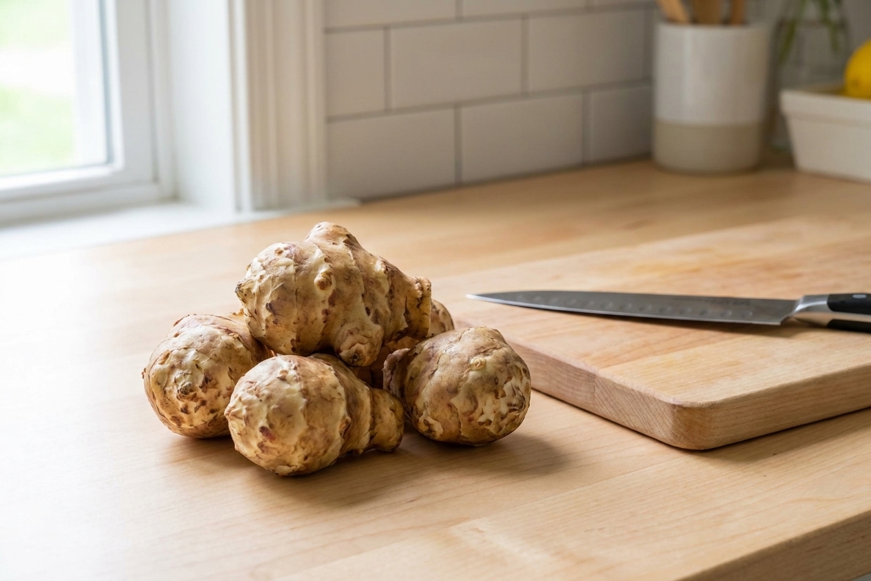A small pile of raw Jerusalem artichokes with tan, knobby skins resting on a clean kitchen counter next to a chef's knife and cutting board