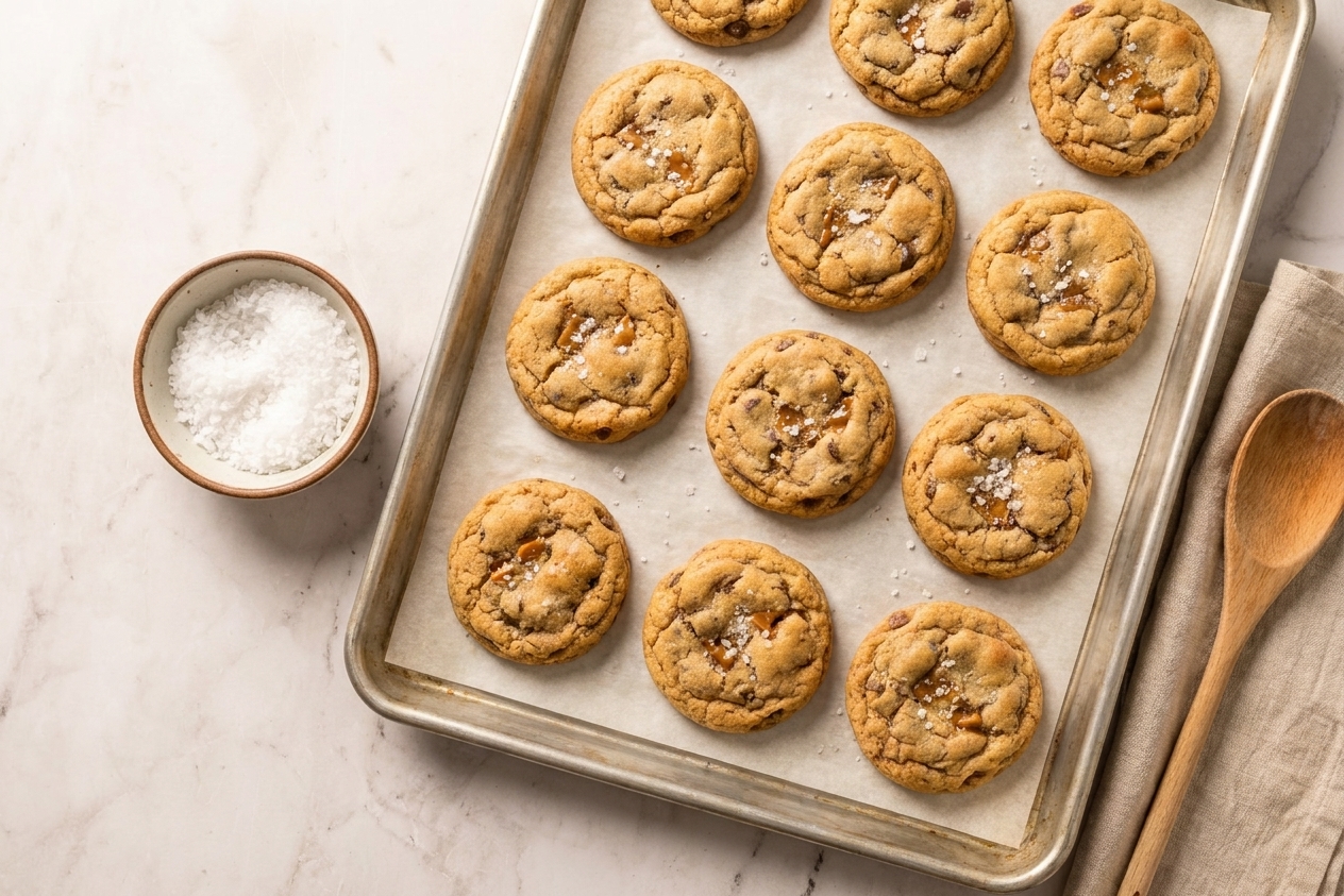 A small pinch bowl of flaky sea salt on a warm-toned kitchen counter next to a baking sheet of freshly baked cookies