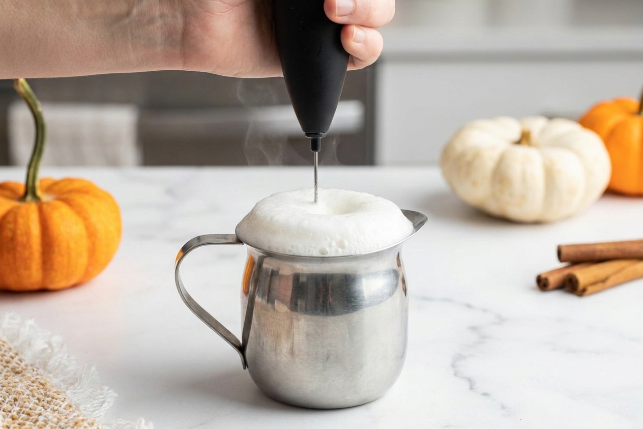 A small pitcher of hot milk being frothed with a handheld milk frother on a kitchen counter, creating a thick layer of foam