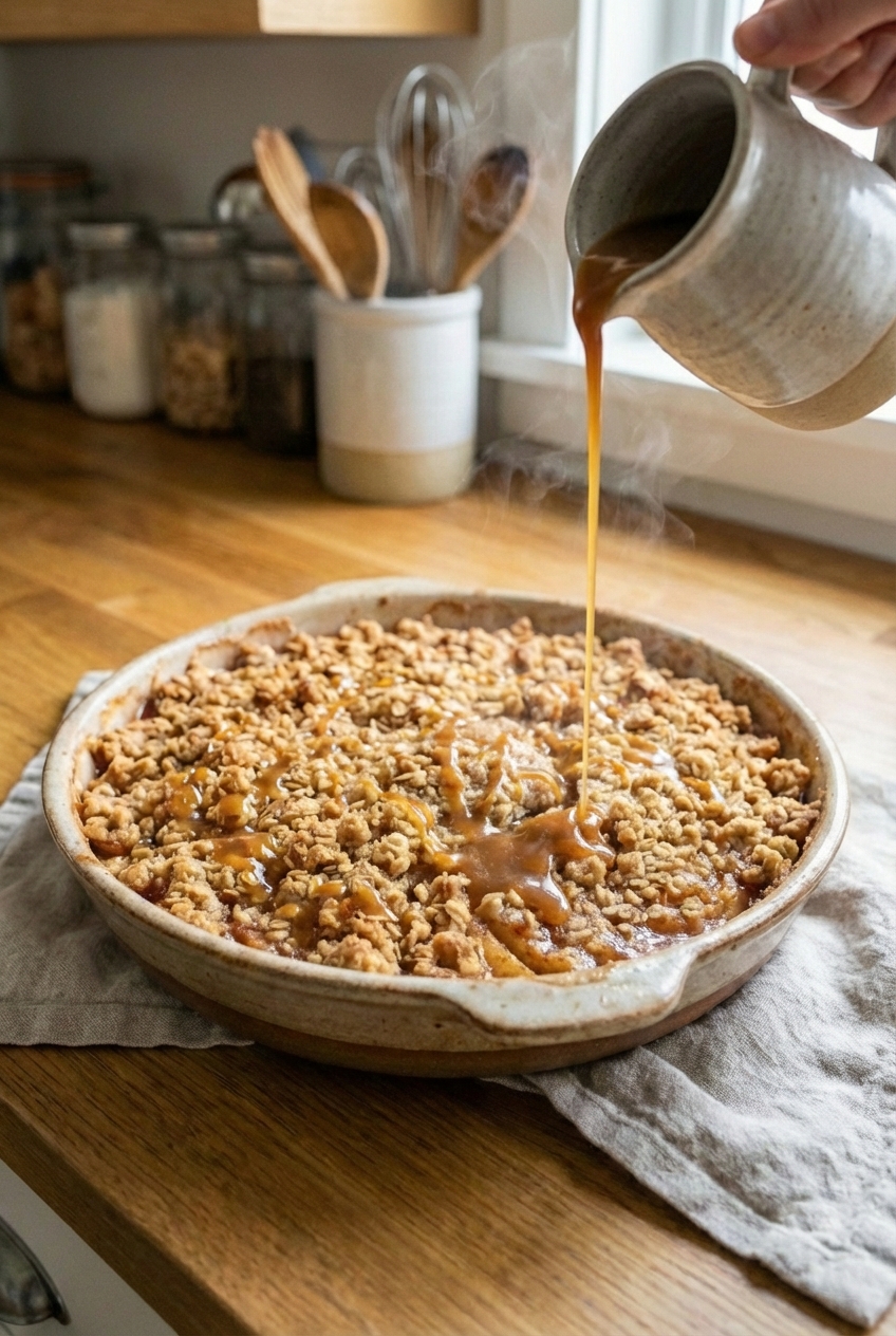 A small pitcher of warm caramel sauce being poured over apple crumble