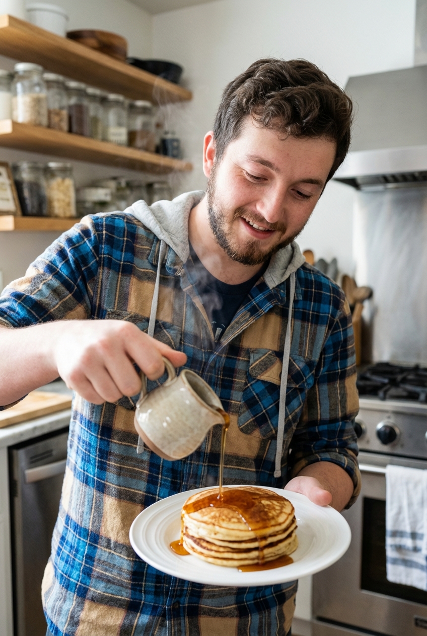 A small pitcher of warm maple syrup being poured over pancakes