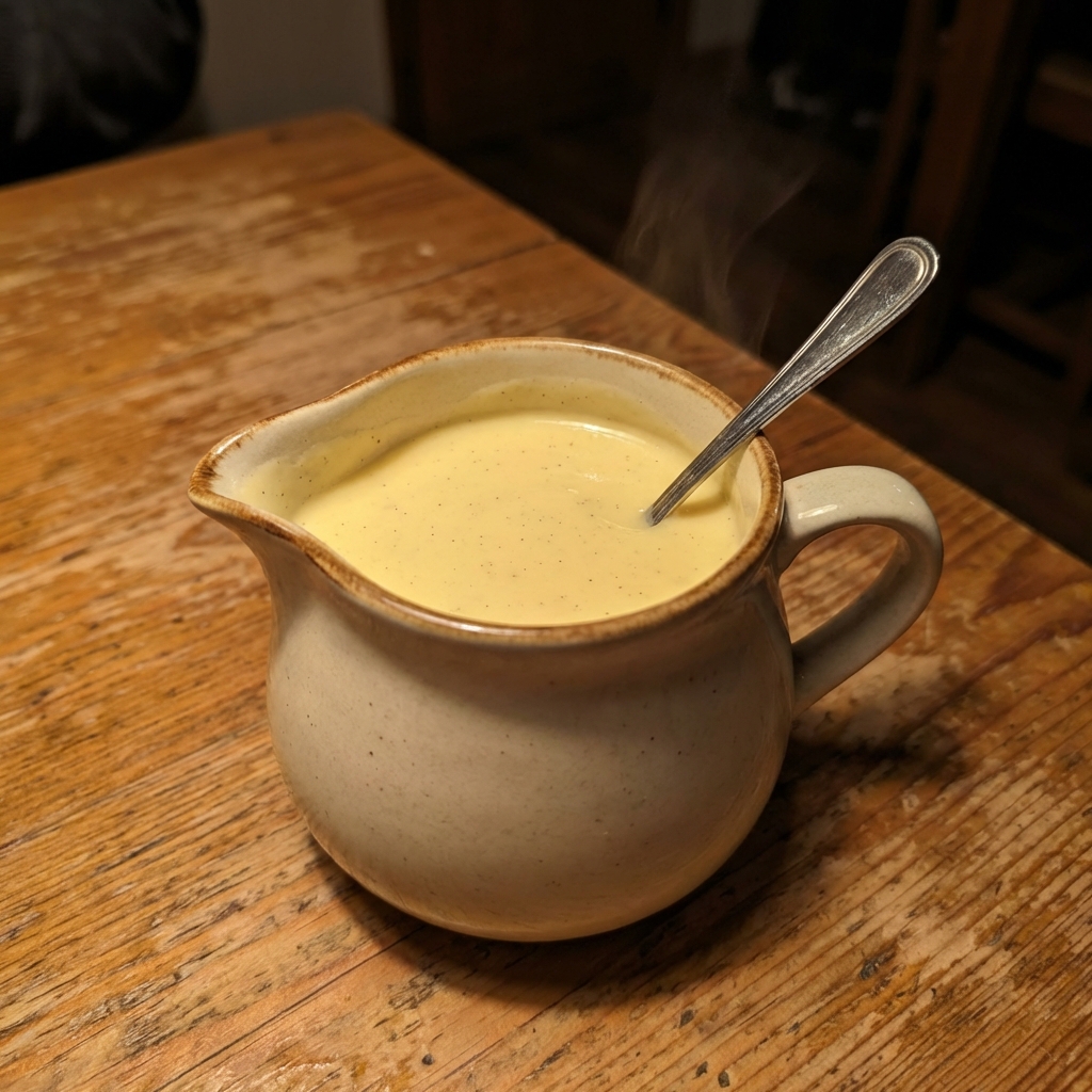 A small pitcher of warm vanilla custard sauce on a table