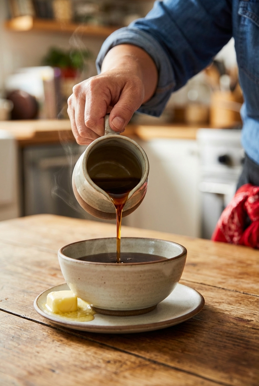 A small pitcher pouring warm maple syrup into a bowl with a knob of butter beside it