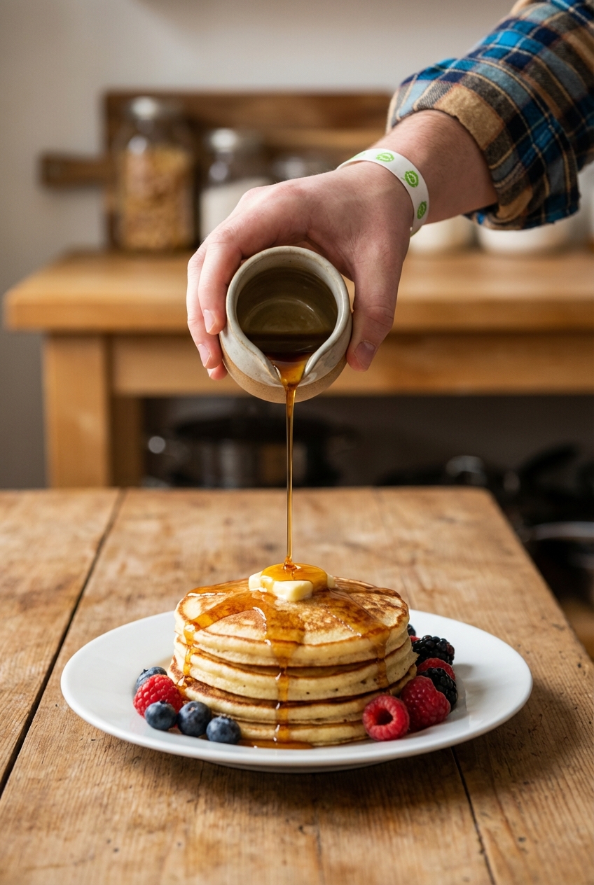A small pitcher pouring warm maple syrup over pancakes on a plate