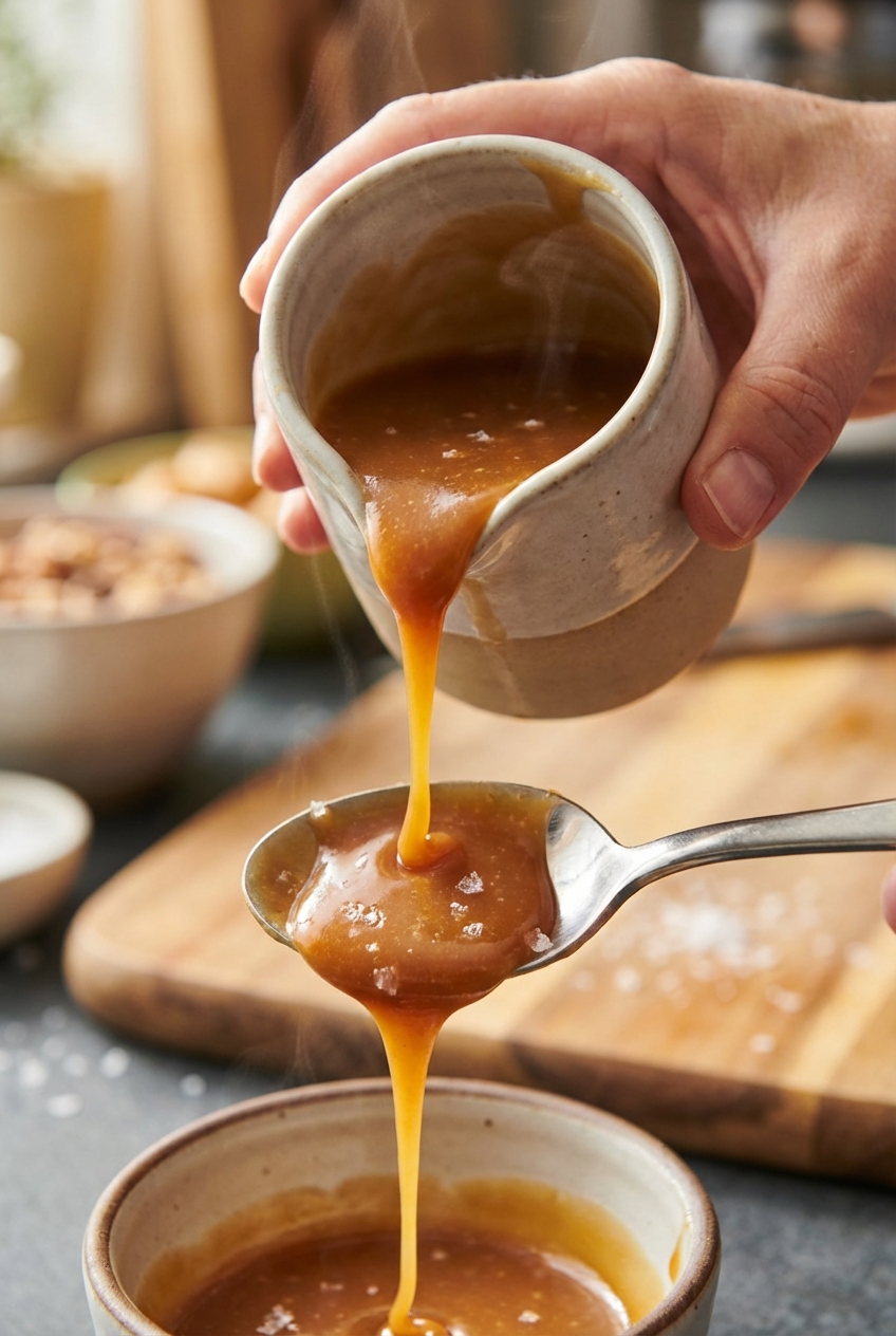A small pitcher pouring warm salted caramel sauce over a spoon