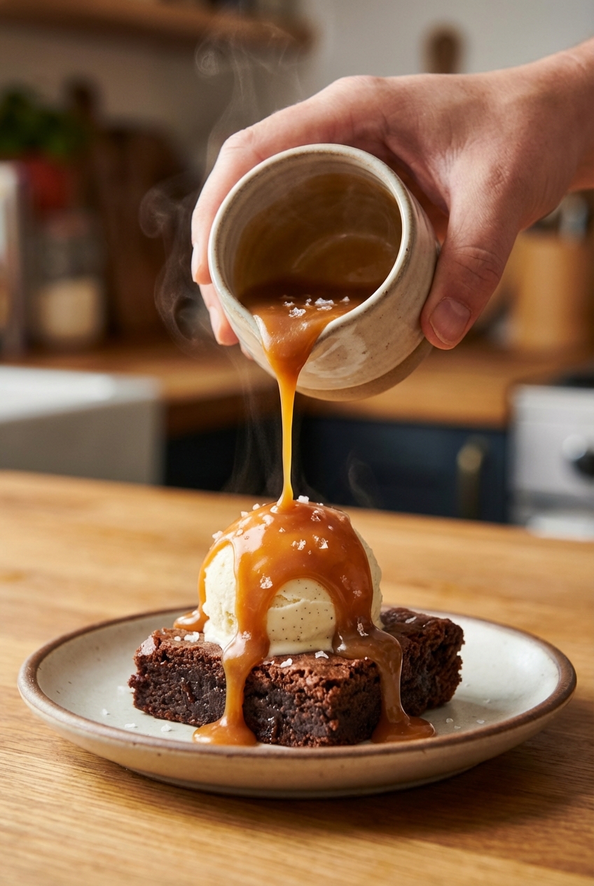 A small pitcher pouring warm salted caramel sauce onto a dessert plate