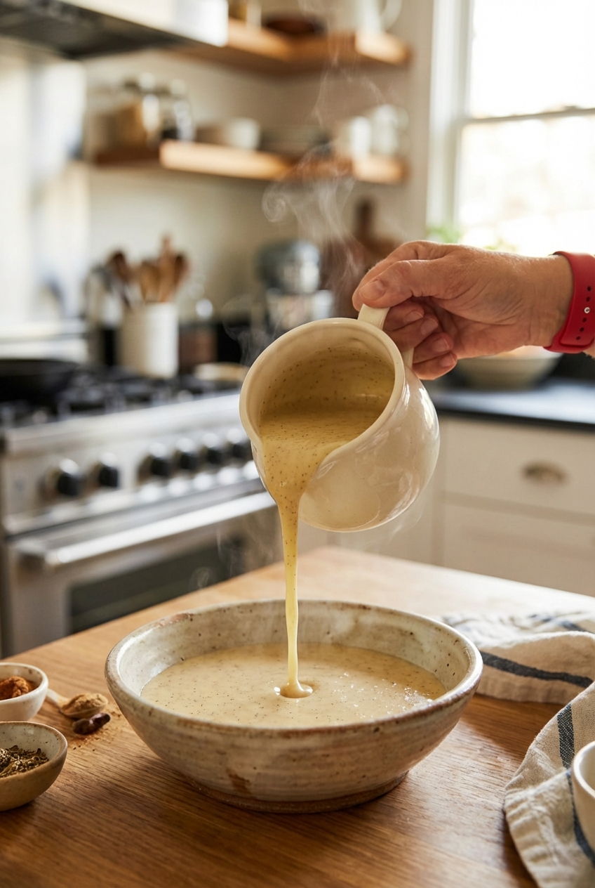 A small pitcher pouring warm vanilla sauce into a bowl