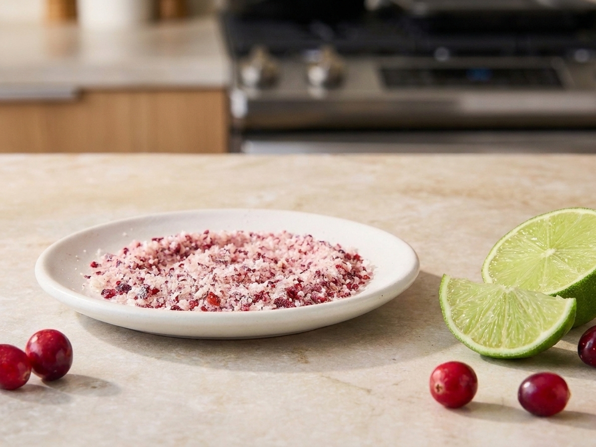 A small plate holding a cranberry-salt rim mixture with a lime wedge beside it on a kitchen counter