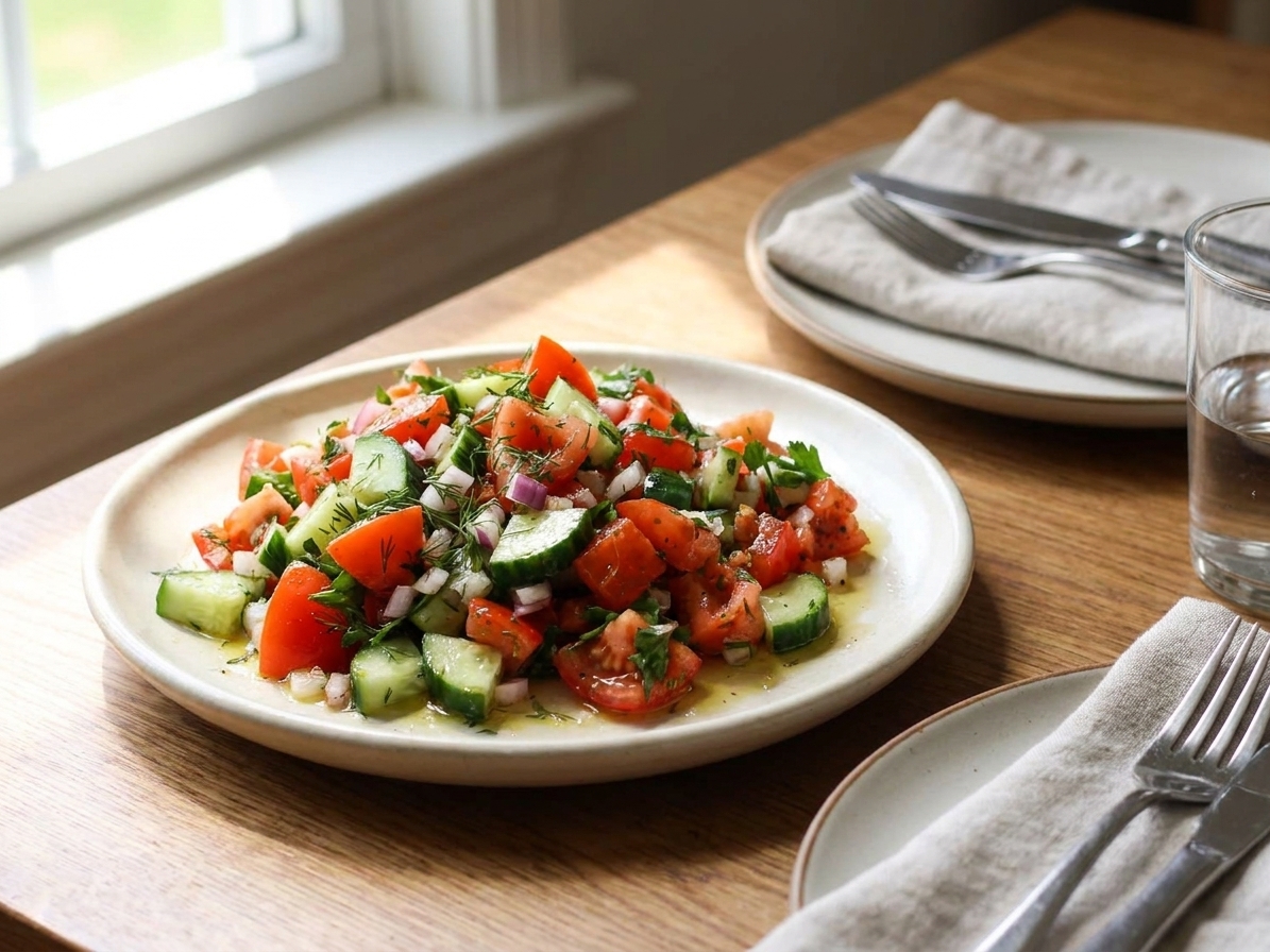 A small plate holding a serving of cucumber tomato salad with visible herbs and red onion beside a simple dinner setting on a wooden table in warm daylight