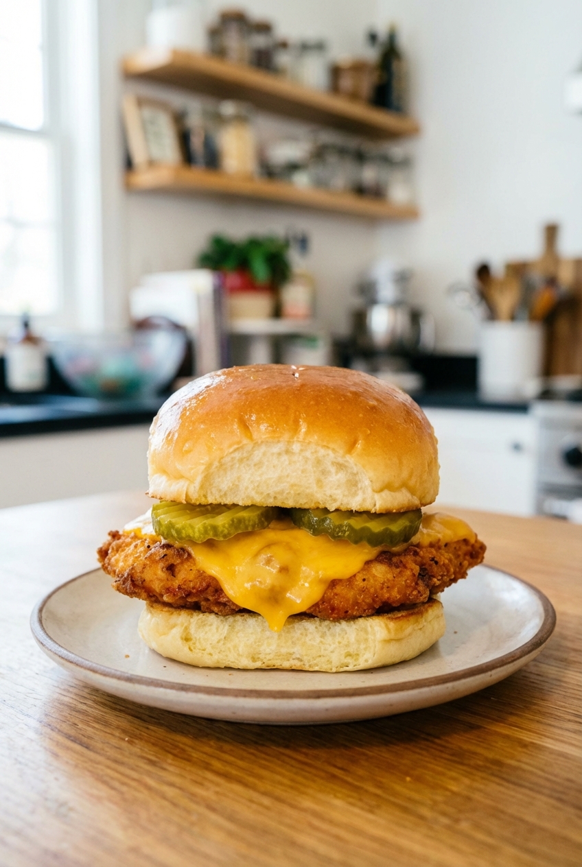 A small plate holding a single chicken slider with melted cheese and pickles, showing the soft roll and glossy top