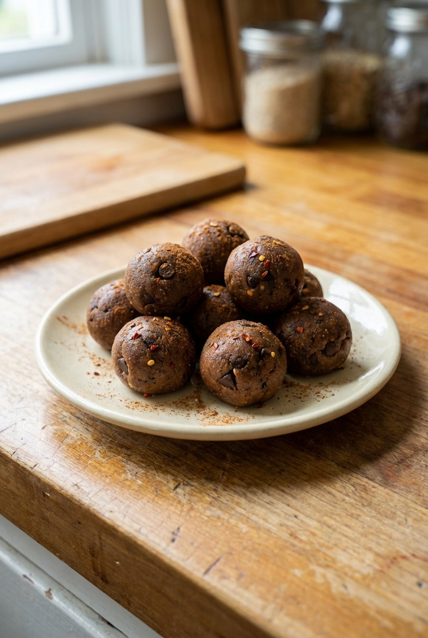 A small plate holding bite-size balls of sweet and spicy cookie dough with a light dusting of cinnamon
