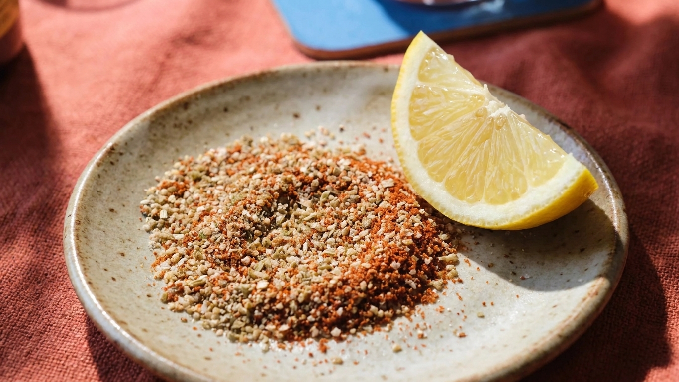 A small plate holding celery salt and paprika mixed together with a lemon wedge beside it for rimming a cocktail glass