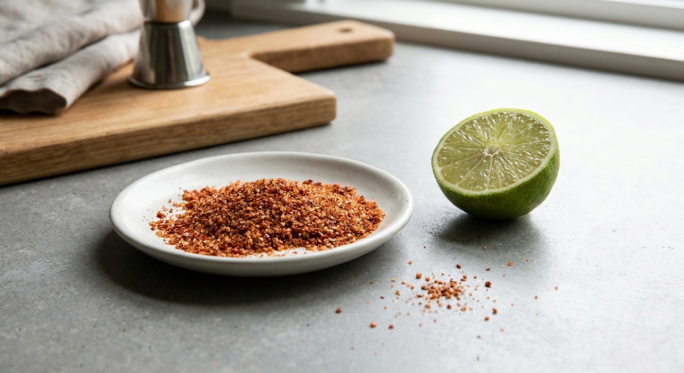 A small plate holding chili-lime salt next to a halved lime, ready for rimming cocktail glasses on a kitchen counter