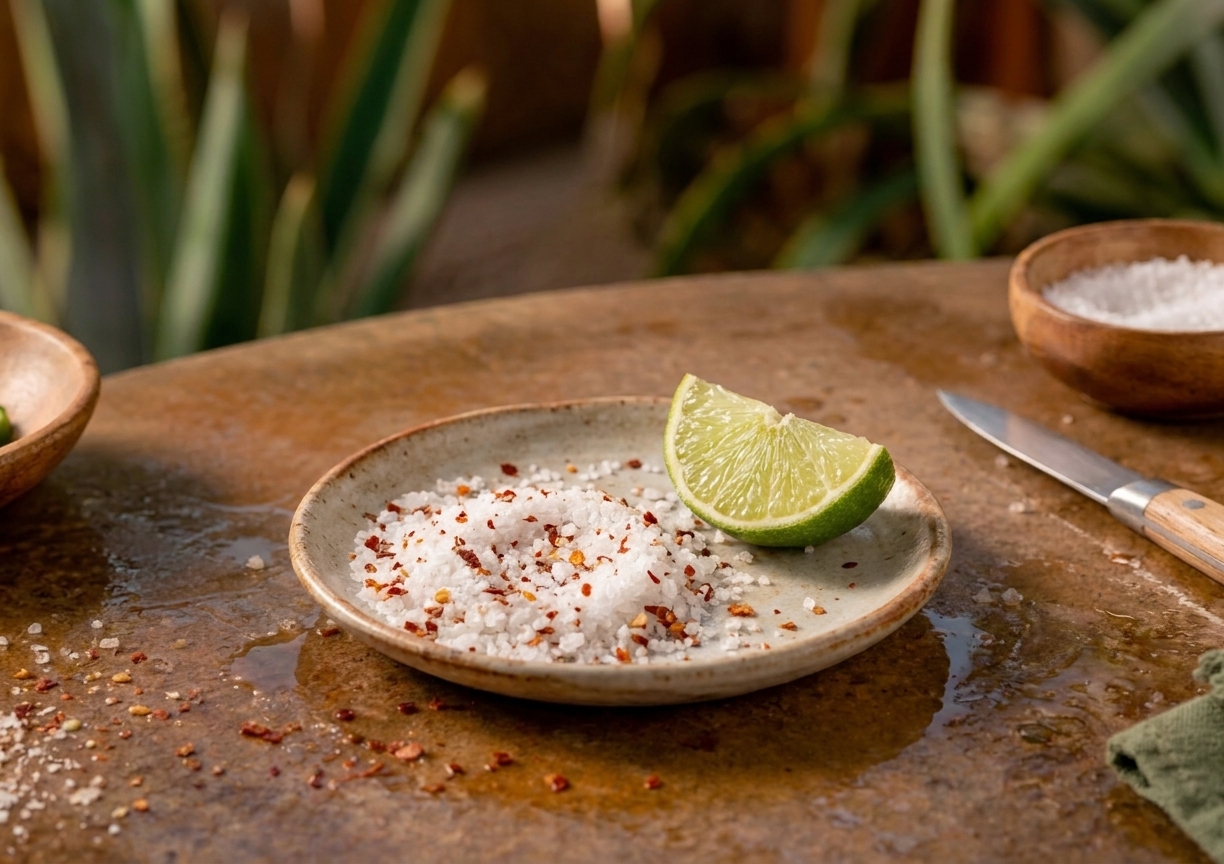 A small plate holding chili salt rim mixture with a cut lime wedge beside it on a kitchen counter