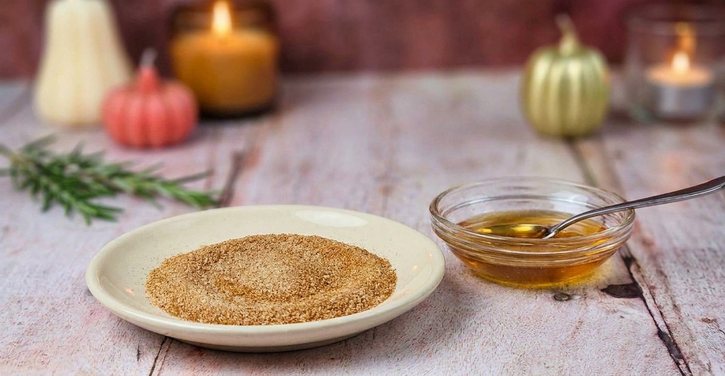 A small plate holding cinnamon sugar next to a small dish of honey on a kitchen counter, ready for rimming a glass
