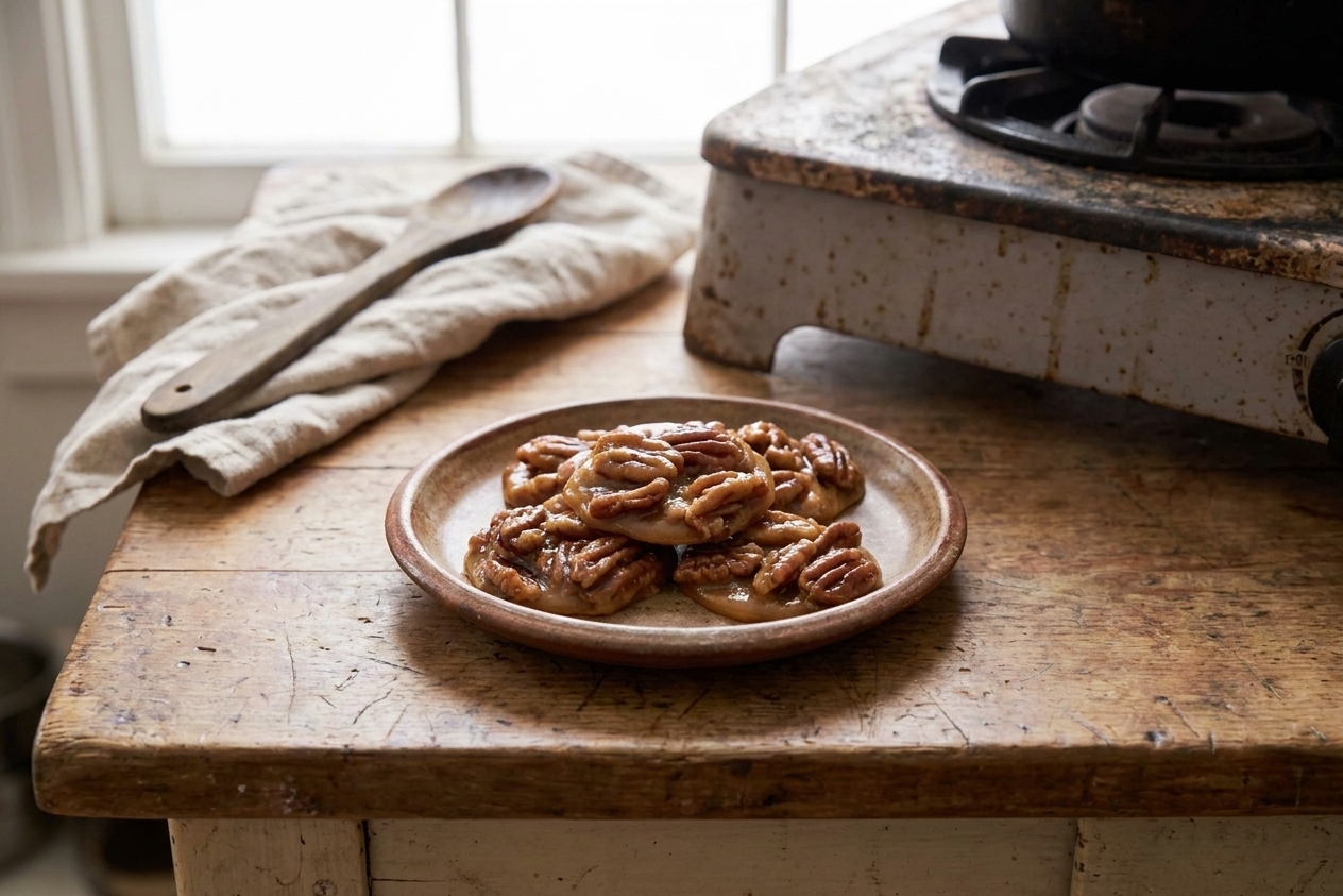 A small plate holding several finished pecan pralines with a golden caramel sheen on a kitchen table setting
