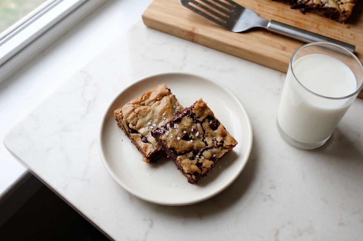 A small plate holding two blondie squares with crackly tops and flaky sea salt, set on a simple table with a glass of milk nearby