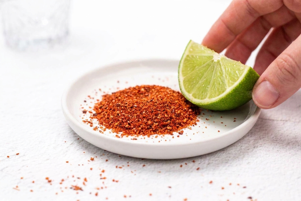 A small plate of Tajín seasoning with a lime wedge beside it on a kitchen counter, ready for rimming shot glasses