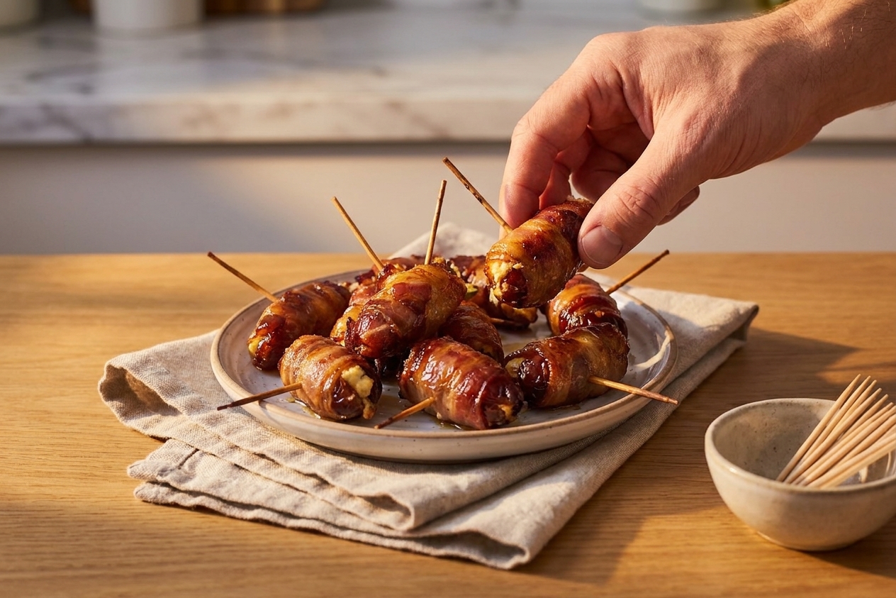 A small plate of bacon wrapped dates served on a simple table setting with a napkin and cocktail picks in warm evening light