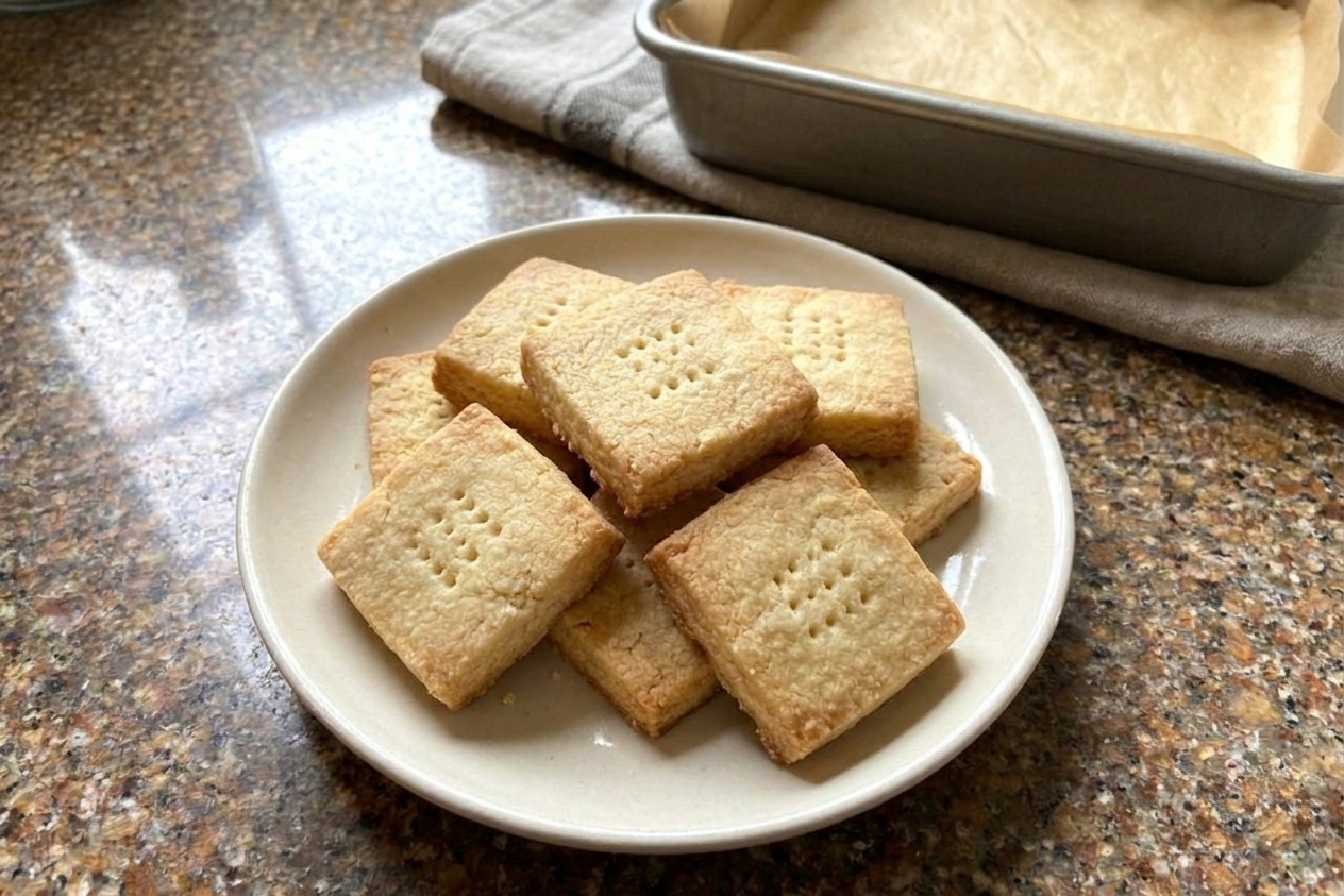 A small plate of buttery shortbread-style biscuits ready to serve