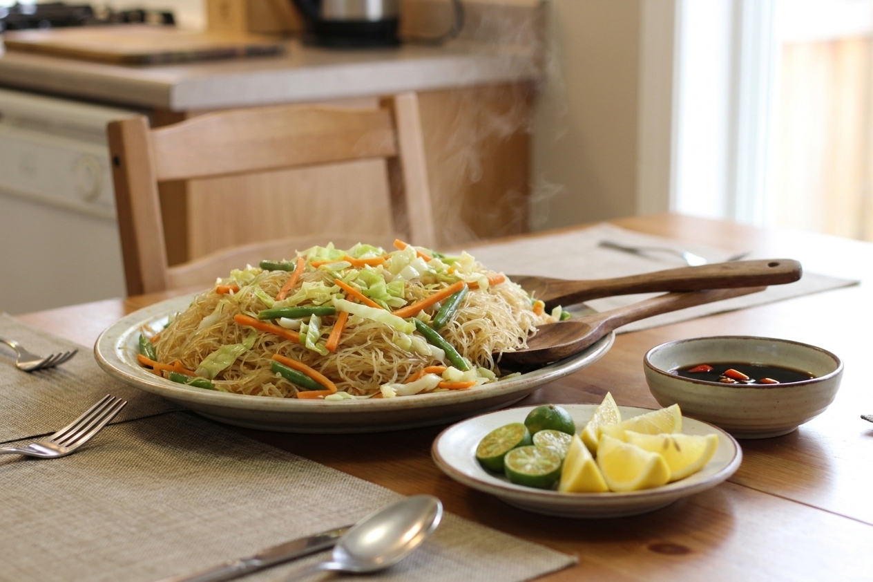 A small plate of calamansi or lemon wedges beside a serving platter of pancit bihon on a dining table