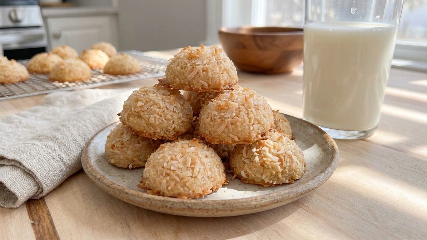 A small plate of chewy coconut cookies stacked with a linen napkin and a glass of milk on a wooden table