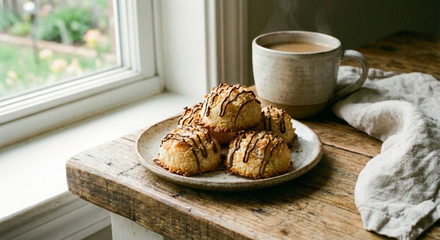A small plate of coconut macaroons with a cup of coffee in the background