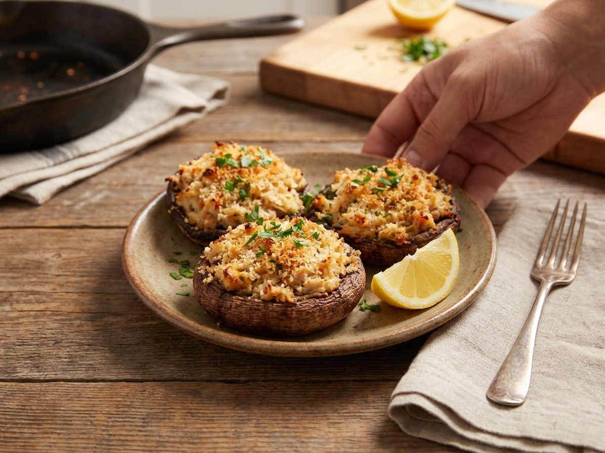 A small plate of crab stuffed mushrooms with crisp golden tops and a lemon wedge on a simple table setting