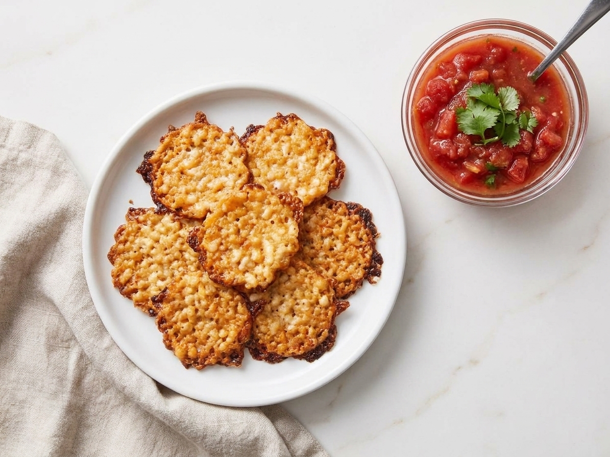 A small plate of crisp cottage cheese chips served with a bowl of salsa on a simple kitchen table setting