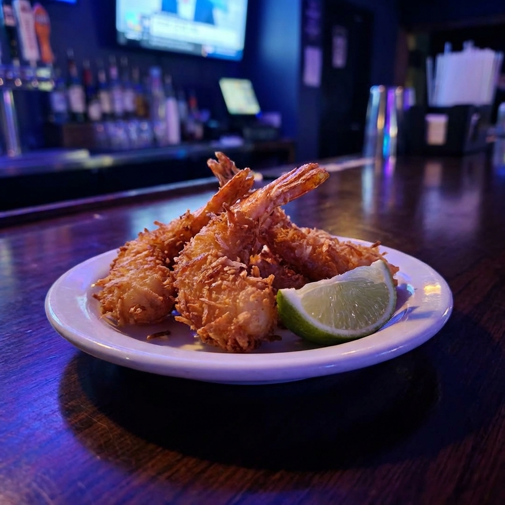 A small plate of crispy coconut shrimp with a lime wedge