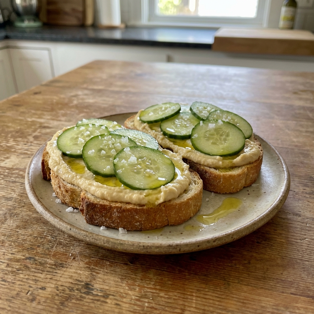 A small plate of cucumber and hummus toast with flaky salt and olive oil