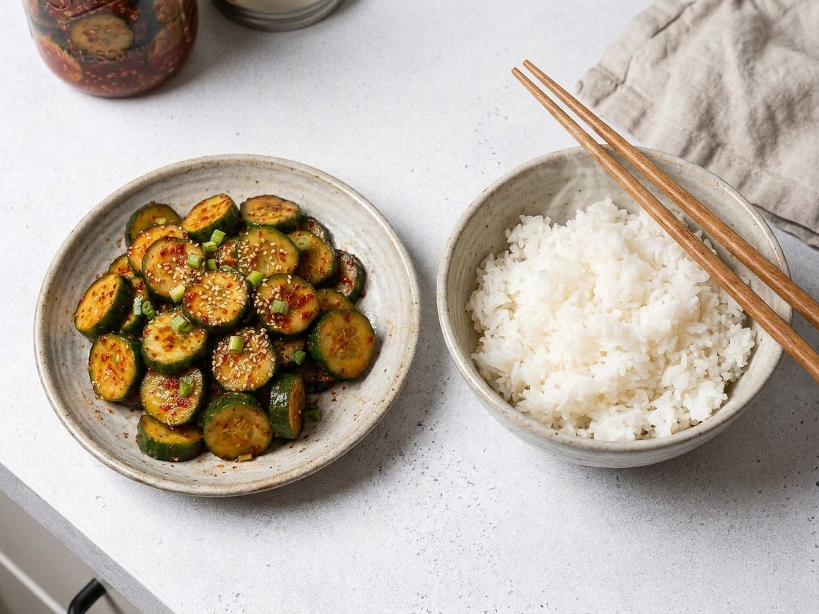 A small plate of cucumber kimchi beside a bowl of steamed white rice on a simple dinner table setting