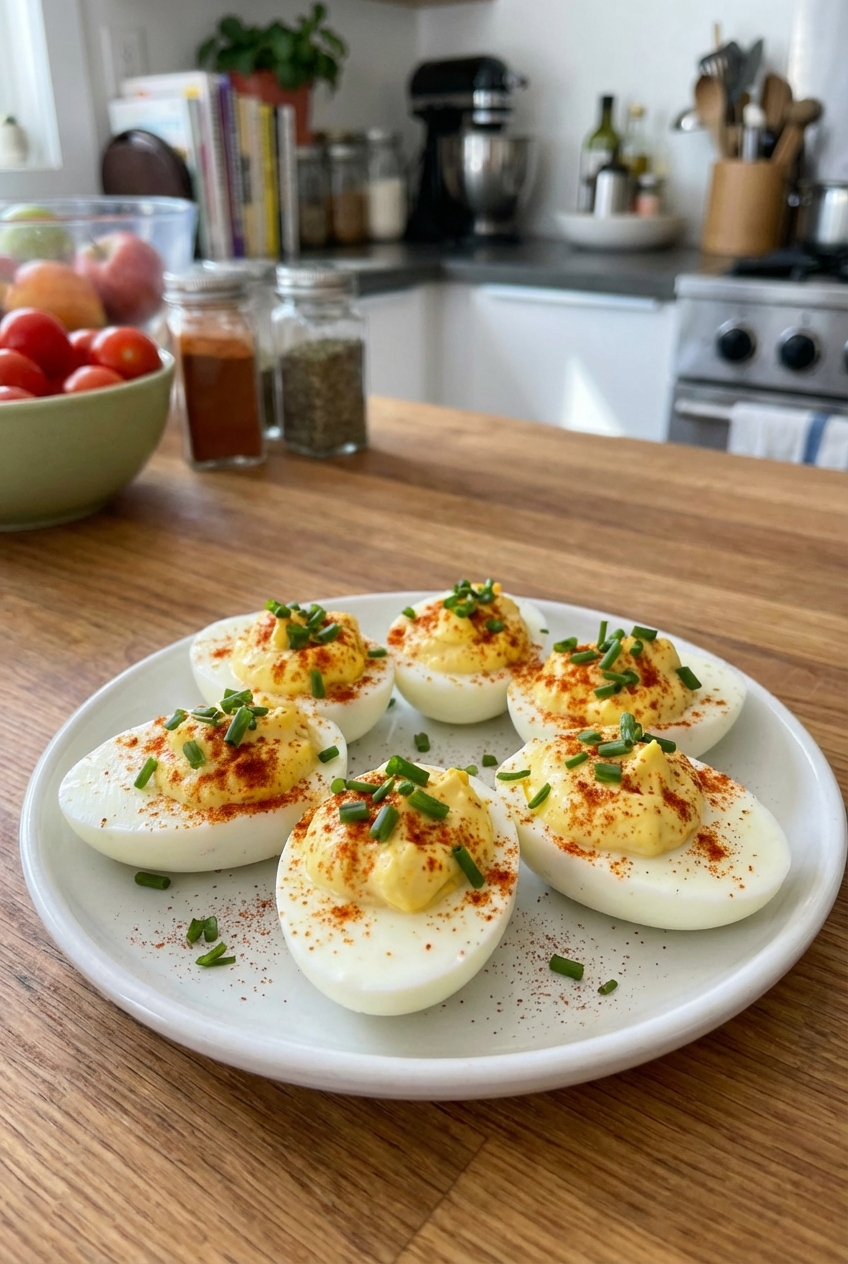 A small plate of deviled eggs topped with paprika and chives