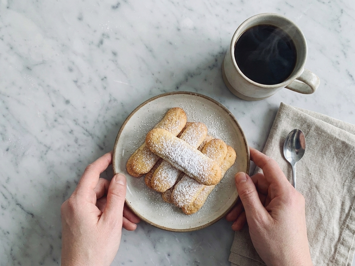 A small plate of finished ladyfingers dusted with powdered sugar on a simple table setting with a cup of coffee
