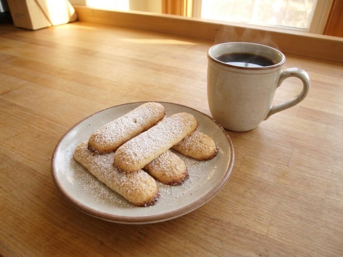 A small plate of finished ladyfingers lightly dusted with powdered sugar on a wooden table setting with a cup of coffee