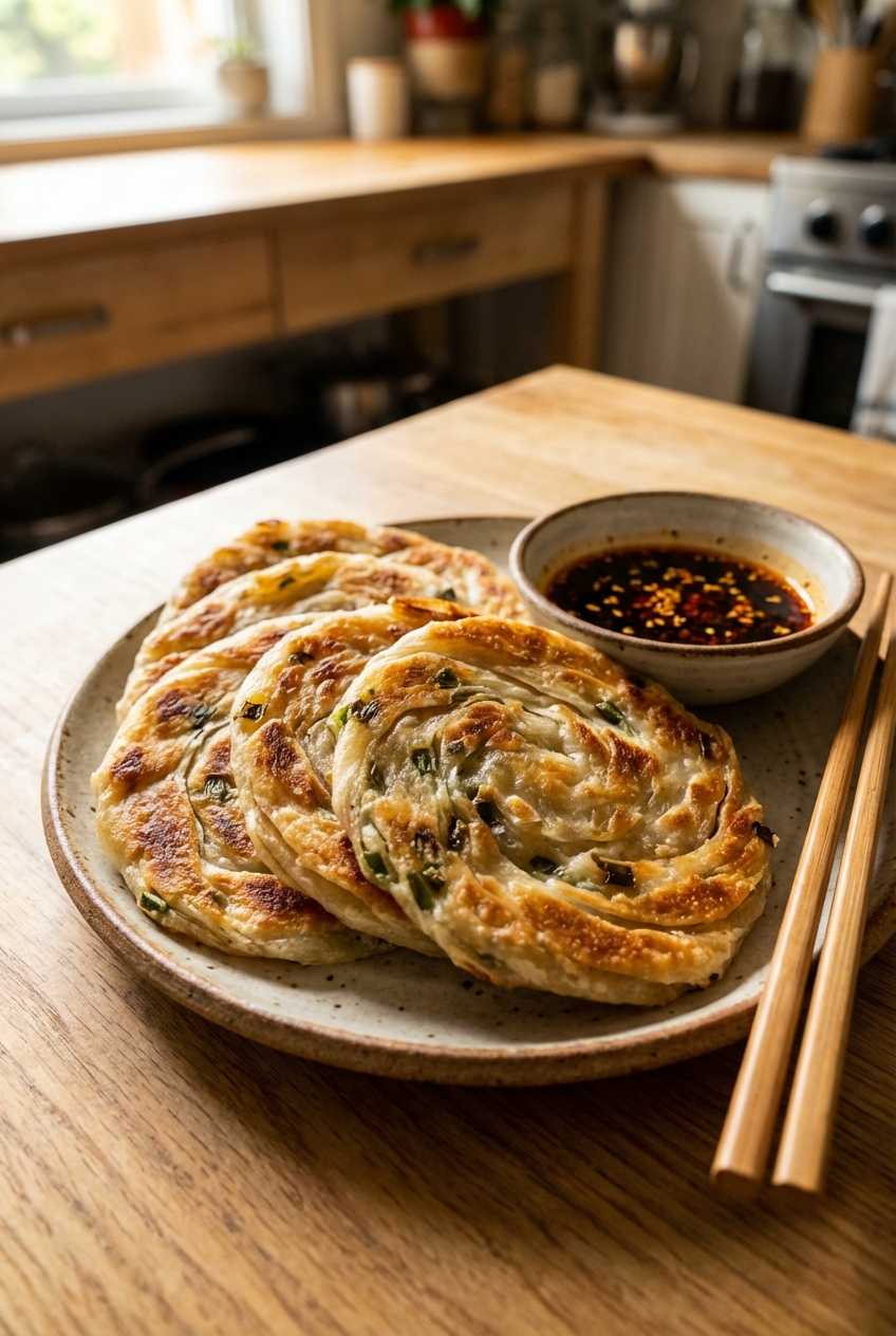 A small plate of flaky scallion pancakes with a dipping sauce