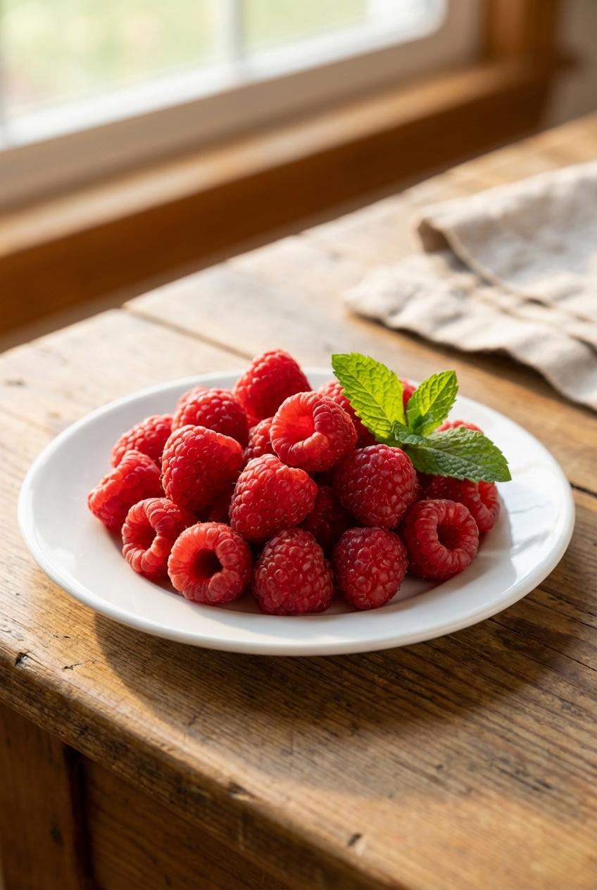 A small plate of fresh raspberries with a few mint leaves