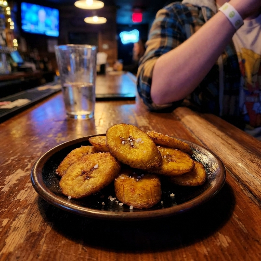 A small plate of fried plantain slices with a pinch of salt