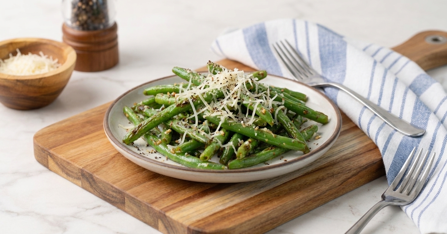 A small plate of garlic Parmesan green beans finished with extra grated cheese and cracked black pepper on a simple dinner table setting
