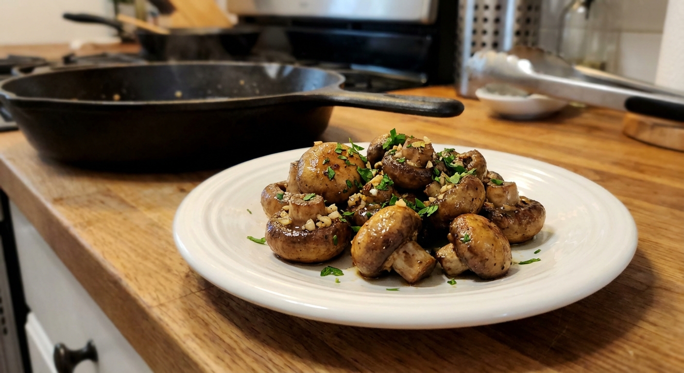 A small plate of garlic butter mushrooms browned in a skillet