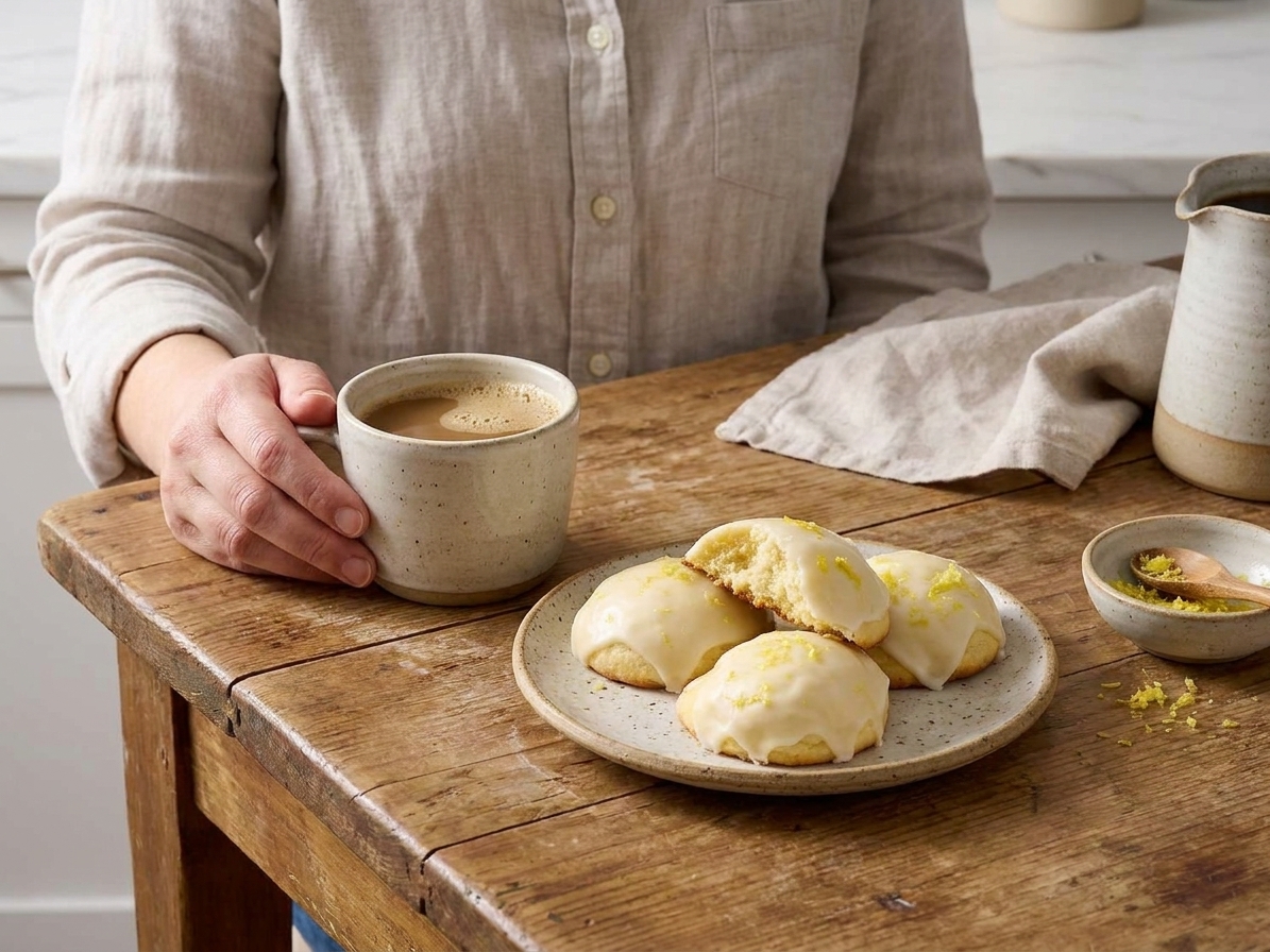 A small plate of glazed ricotta cookies next to a cup of coffee on a cozy kitchen table
