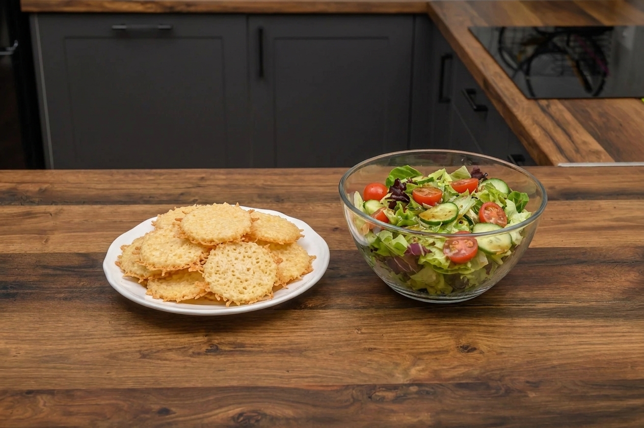 A small plate of golden Parmesan crisps set next to a bowl of salad on a wooden table