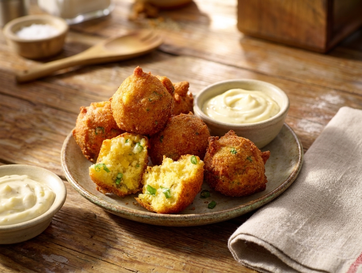 A small plate of golden hush puppies served with a bowl of creamy dipping sauce and a simple napkin on a wooden table